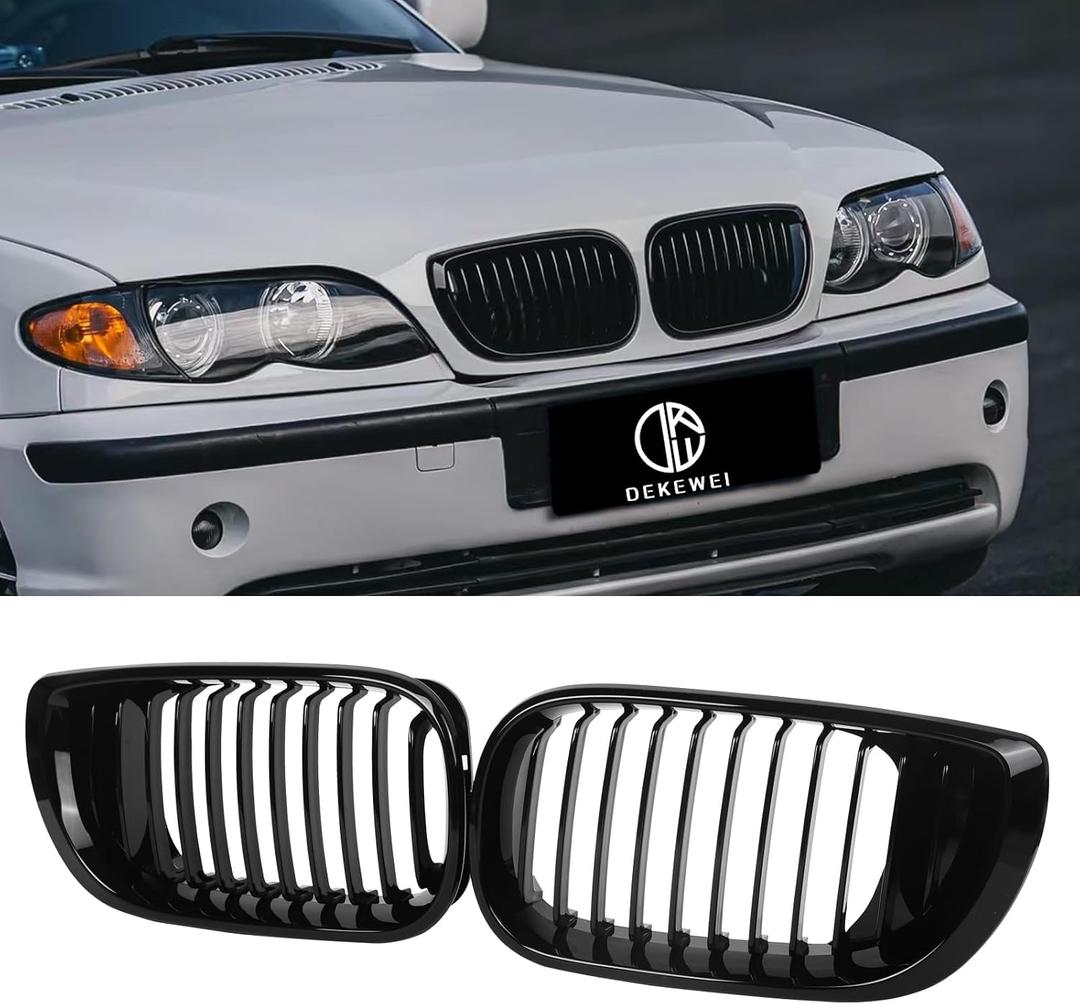 E46 Grille, Front Kidney Grill Compatible with BMW 3 Series 2002-2005 E46 4-Door 320i 325i 325xi 330i 330xi Single Slat Gloss Black Grill
