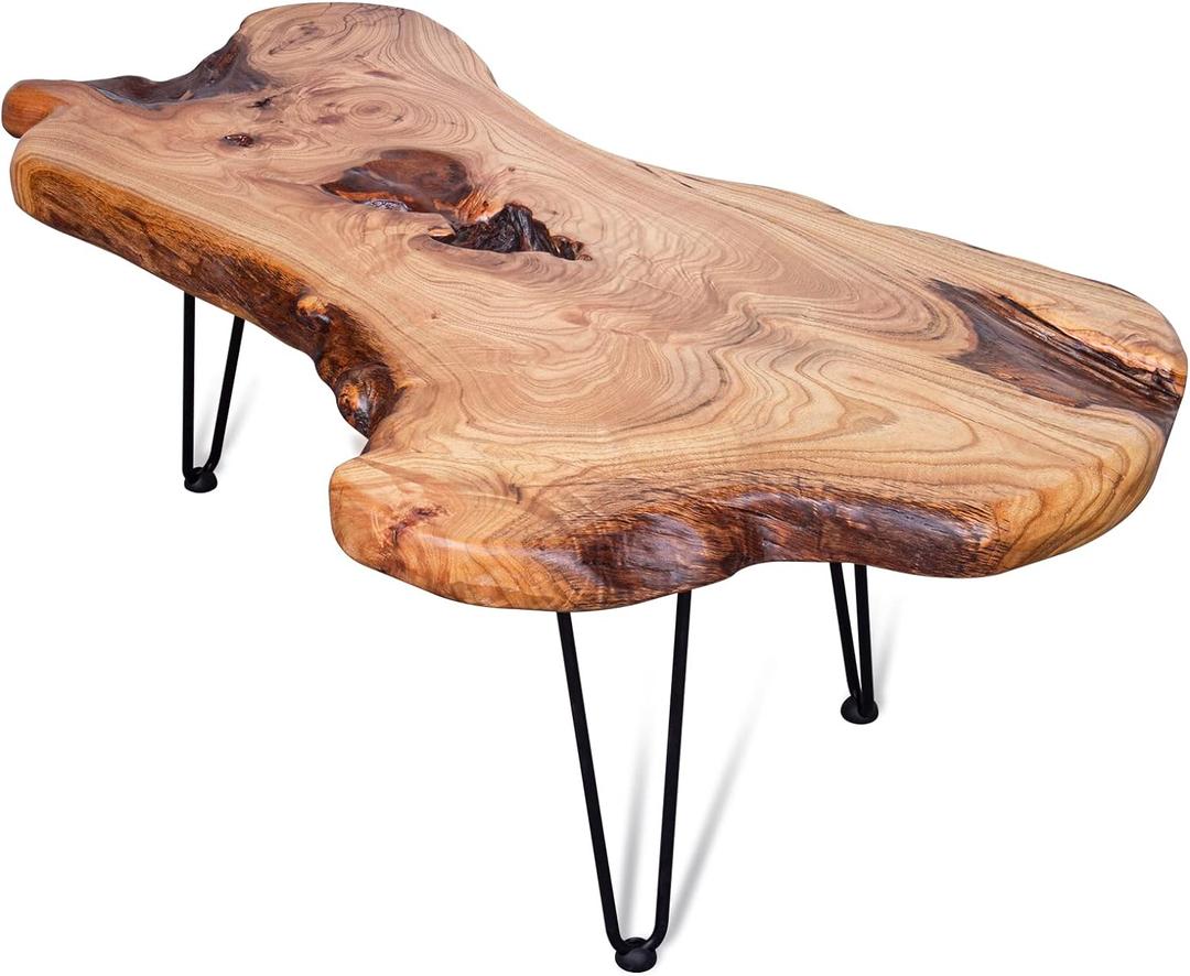 Natural Wood Edge Contemporary Coffee Cocktail Table, Live Edge Coffee Table,Living Room Coffee Table with Clear Lacquer Finish and Metal Hairpin Legs,Unique Desktop (Small)
