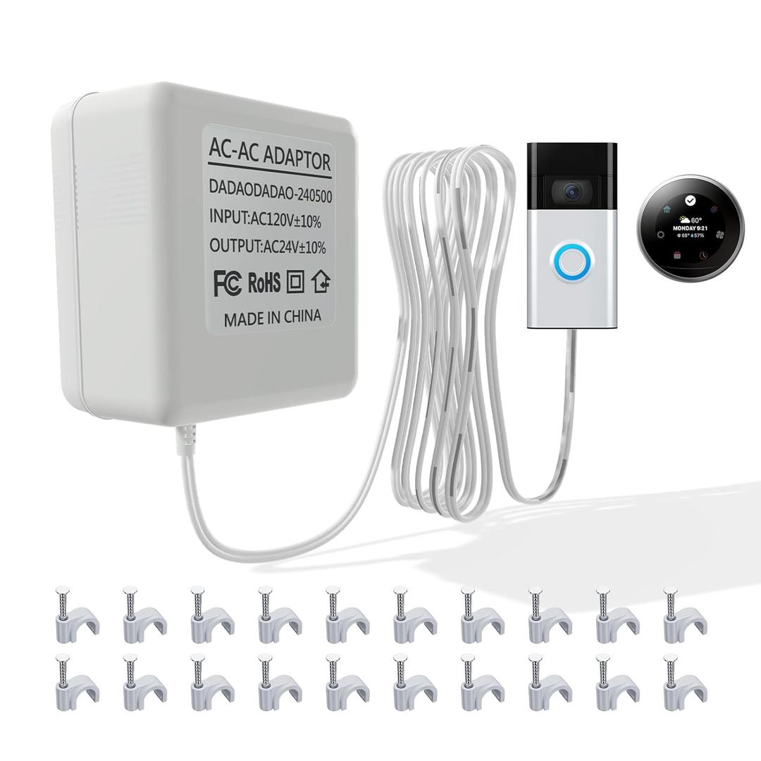 Doorbell Transformer 16-24 vac Ring Doorbell Ring Doorbell Wired Doorbell Transformer Ring Doorbell Charger Ring Power Adapter 24 Volt Transformer C Wire Adapter for Smart Thermostat (240500-16.4ft)