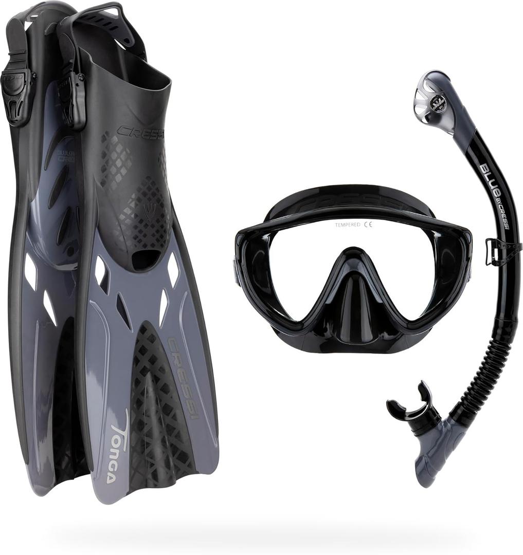 Cressi Snorkeling Set- Short Adjustable Fins, Silicone Mask, and Dry Snorkel- Compact for Travel- Tino Adventure Set- Designed in Italy (Large-X-Large, Black/Graphite)