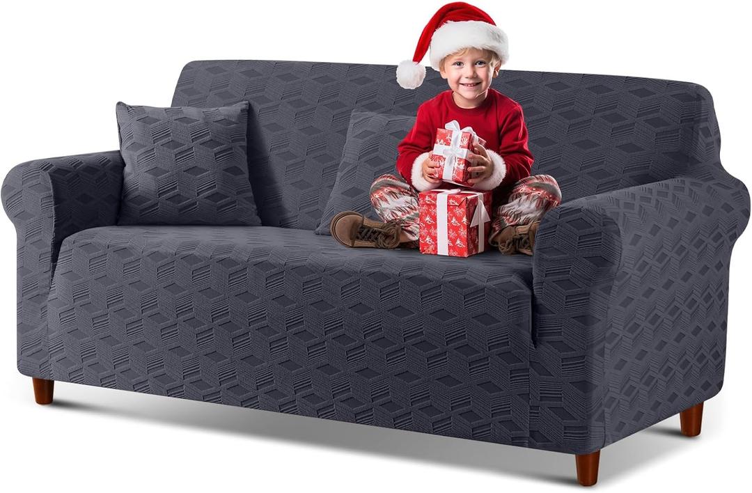 TAOCOCO Stretch Sofa Covers for 3 Cushion Couch, 1Piece Non Slip Sofa Slipcover Washable with 2PCS Throw Pillow Covers, Jacquard Furniture Protector for Pets Dog(3 Seater,Dark Grey)