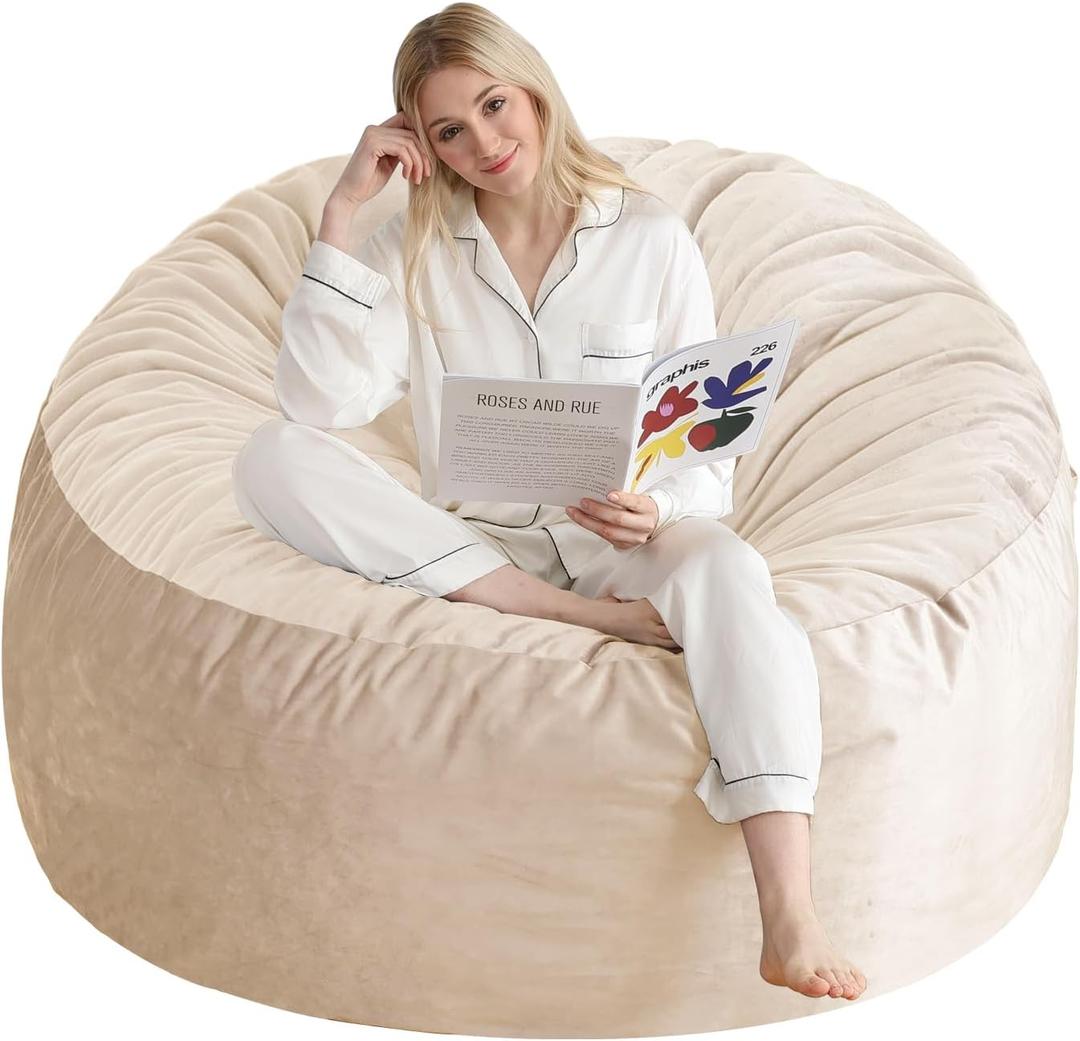 3 Ft Bean Bag Chair, Memory Foam Bean Bag Chairs for Adults with Filling, Round Bean Bag Sofa with Filler Included, Beanbags with Soft Dutch Velvet Fabric,3 Foot, Beige