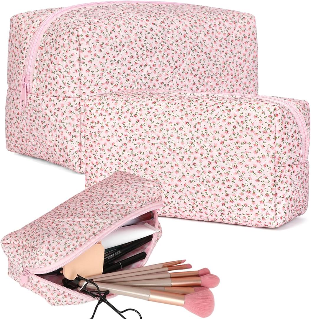 3 PCS Quilted Makeup Bag,Cute Floral Cotton Coquette Cosmetic Bag,Large Travel Toiletry Bag Makeup Brushes Storage Organizer for Women-Pink Floral