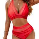 ZAFUL High Waisted Tummy Control Ribbed Bikini Set Full Coverage Cute Bathing Suit Striped Going Out Two Piece Swimsuit L