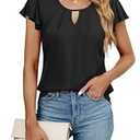 IHOT Black Tops for Women Summer Casual Crewneck Shirts Short Ruffle Sleeve Soft Basic Tees 2024 Black L