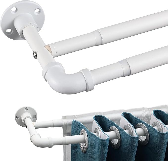 Double Curtain Rods for Windows 28 to 48 inch, 1 inch Matte White Industrial Curtain Rod Heavy Duty Blackout Wrap Around Curtain Rods