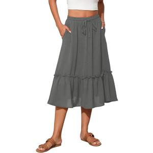 Witsmile High Waist Tiered Skirts for Women Flowy Skirts for Women Below Knee with Pockets 2025 Fashion(Gray, M)