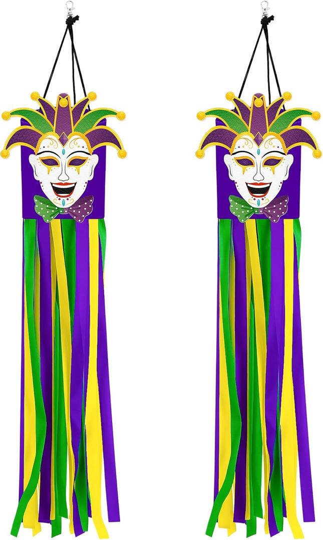 Geefuun 2PCS Mardi Gras Decor Windsocks Hanging Floating Face Wind Socks for Yard Garden Porch Patio Outdoor Decorations