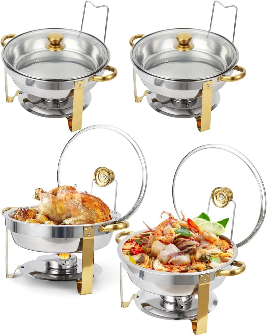 Garvee Chafing Dishes for Buffet, 5QT Buffet Servers and Warmers Set of 4, Round Chafing Dishes with Glass Lid, Stainless Steel Food Warmers for Parties, Catering Supplies for Wedding, Banquet, Gold