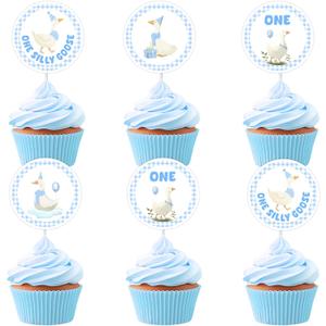 Cheereveal 24Pcs Blue Silly Goose Cupcake Toppers, One Silly Goose Cupcake Picks 1st Birthday Party Cake Decorations, Farm Animal Themed First Bday Baby Shower Party Supplies