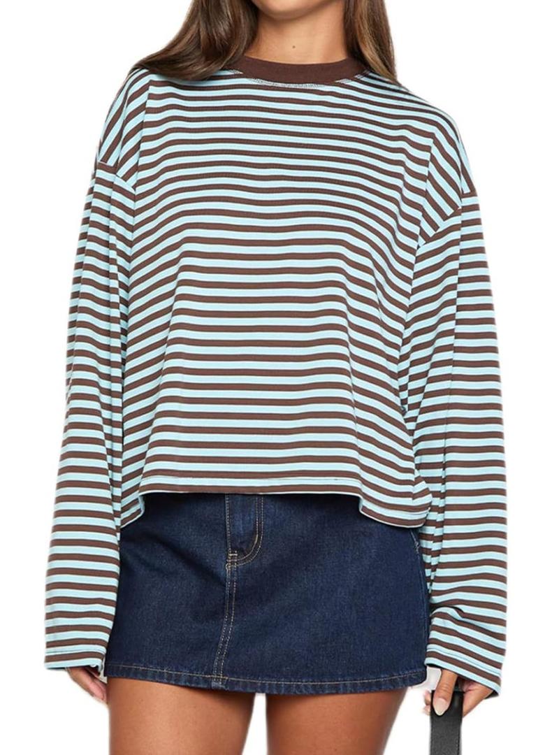 Y2k Womens Striped Tee Shirt Long Sleeve Crop Top Drop Shoulder Stripe Cropped Sweaters Sweatshirt Fairy Grunge Streetwear Size S