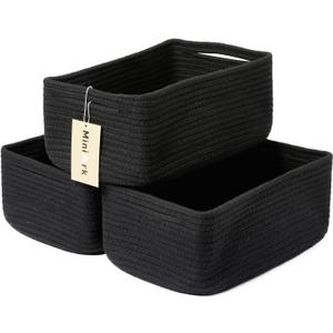 MiniArk Small Storage Baskets for Organizing | Closet Organizer Bins | Shelf Toy Basket | Woven Rope Baskets | Cube Decorative Box | Shallow Basket | 13x8.5x5.1 | 3 Packs Black