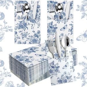 Sliner 50 Pieces White and Blue Floral Silverware Bags Paper Disposable Silverware Sleeves Blue Floral Cutlery Holder Chinoiserie Utensil Pouch Table Decoration for Wedding Cocktail Guest Tea Party
