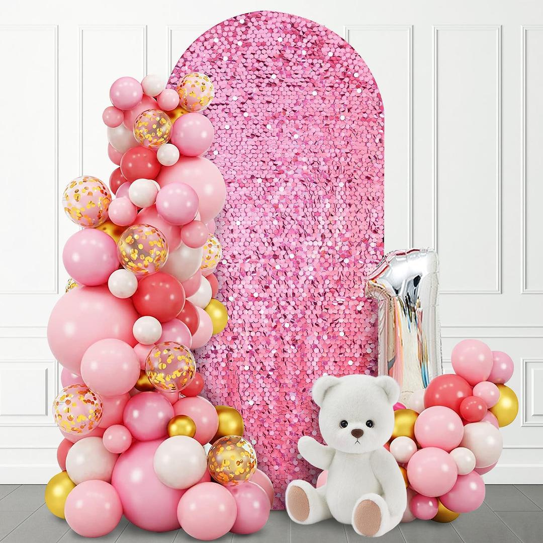 6.6 FT Bling Arch Backdrop Cover, Pink Sequin Wedding Arch Stand Cover, Round Top Fitted Chiara Backdrop Cover for Birthday Party Ceremony Baby Shower Banquet Decoration