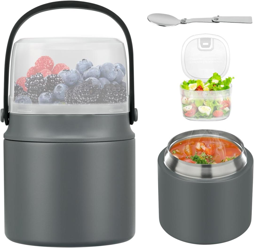 2-In-1 Soup Thermo for Hot Food Kids, 15 Oz Insulated Food Container and a Snack Box, Wide Mouth, Leak Proof, Stainless Steel Spoon, Dishwasher Safe Food Thermo Set for School, Work, Travel, Gray