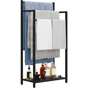 Freestanding Towel Rack, 3 Tier Blanket Ladder Stand with Black Wooden Shelf for Bathroom Living Room (31.5H x 16.9W x7.9D)