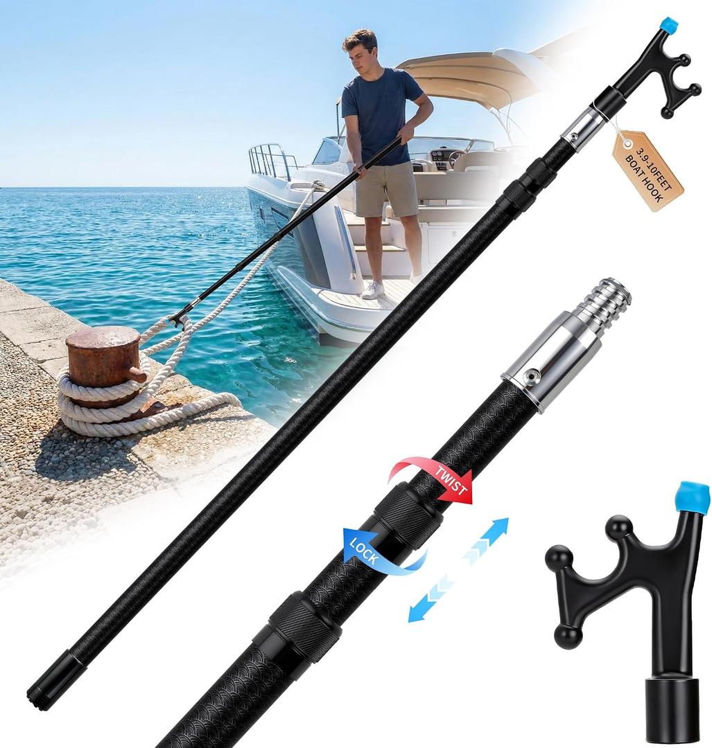Fiberglass Telescoping Boat Hook for Docking, Insulated Floating Push Pole with Non-Slip Rubber Tip, Scratch-Resistant & Sturdy, Lightweight, 3/4" Thread Screw End, 10FT Fiberglass Telescoping Pole With Boat Hooks