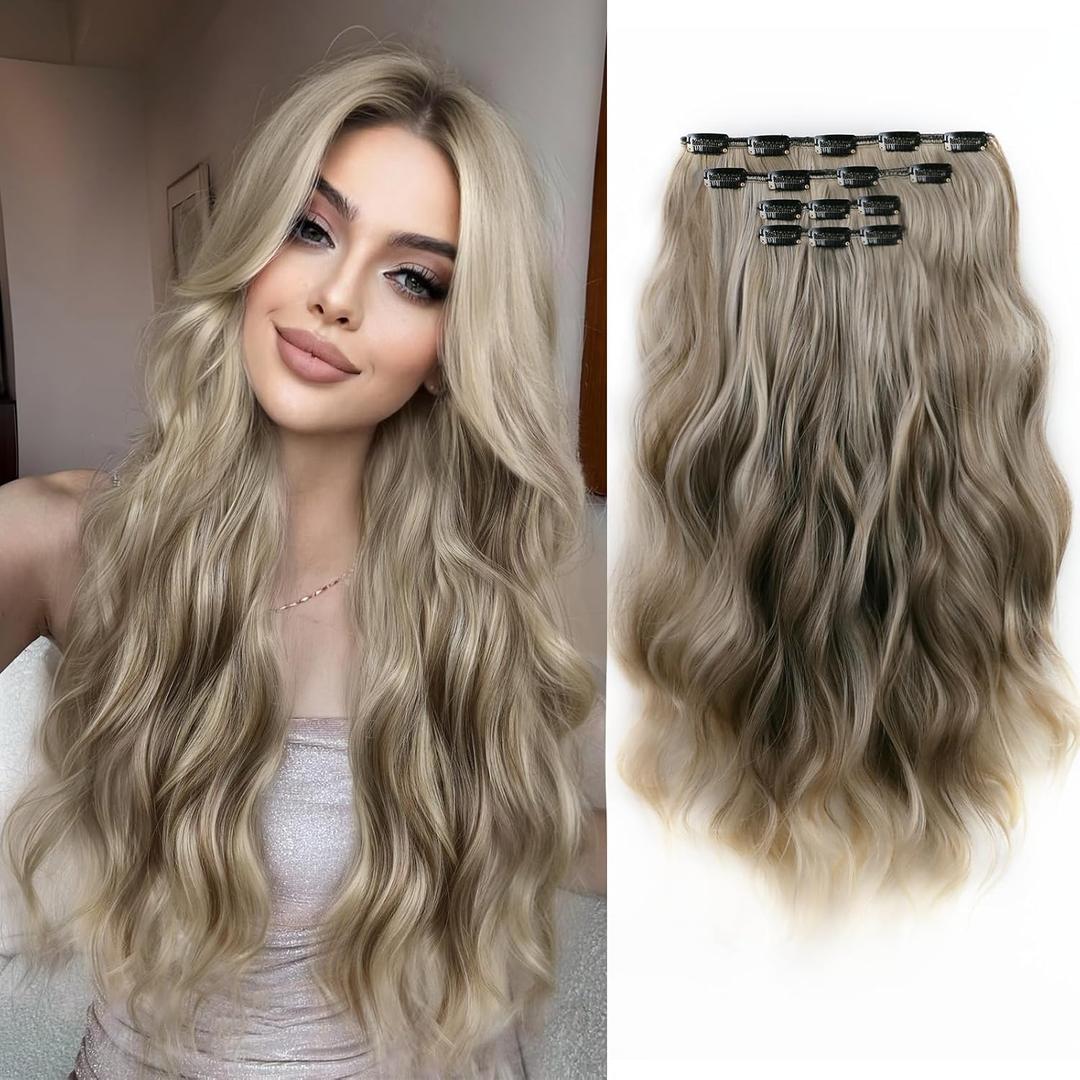 Invisible Wavy Clip in Hair Extensions Clip ins 22 Inch Long Synthetic Fiber Curled Clips on Hairpieces for Women 4PCS Heat Resistant Extension Ash Brown mix Bleach Blonde for Daily Use