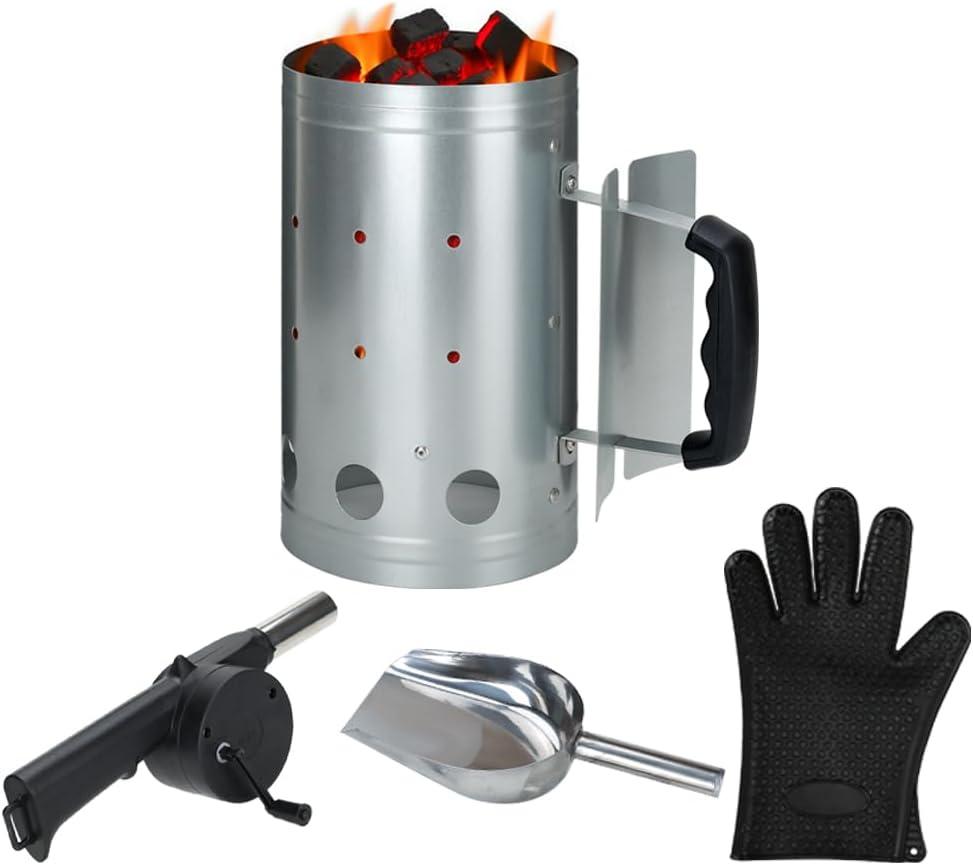 Charcoal Chimney, Charcoal Chimney Starter Coal Burner,Grill Chimney Charcoal Starter Tools Set of 4 Pieces Include Fire Gloves, BBQ Fan Air Blower, Charcoal Scoop for Grill Fireplace Accessories