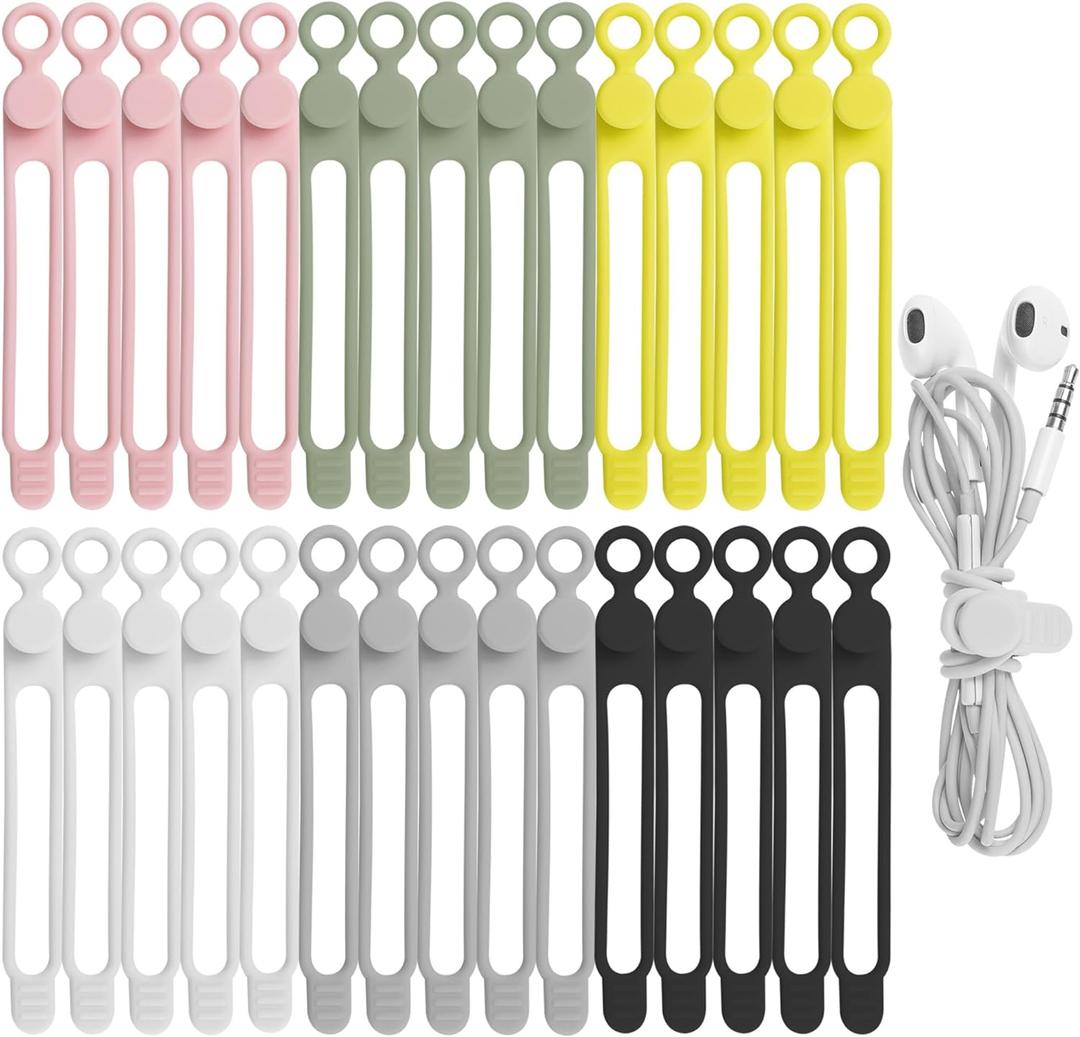 30Pcs Nearockle Silicone Cable Ties for Bundling Earphone, Phone Charger, Computer Cords, Reusable Cord Organizer Cable Management in Home,Office,Kitchen,School (6 Colors) (4.2 Inch)