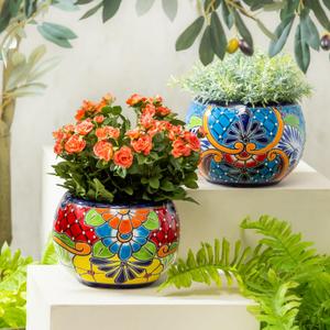 Evergreen 7 inch Talavera Mexican Pottery Ceramic Green Detailed Baul, Set of 2, Flower Pot Plant Succulent, Indoor Outdoor