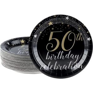 Juvale 50th Birthday Plates - 9 In, Black, 80 Count - Sturdy Disposable Paper Dinner Plates for 50th Birthday Party & Star-Print Design