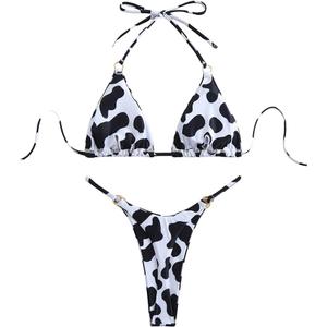 WDIRARA Women's 2 Pieces Cow Print Bikini Set Halter Swimsuit High Cut Bathing Suit, Small