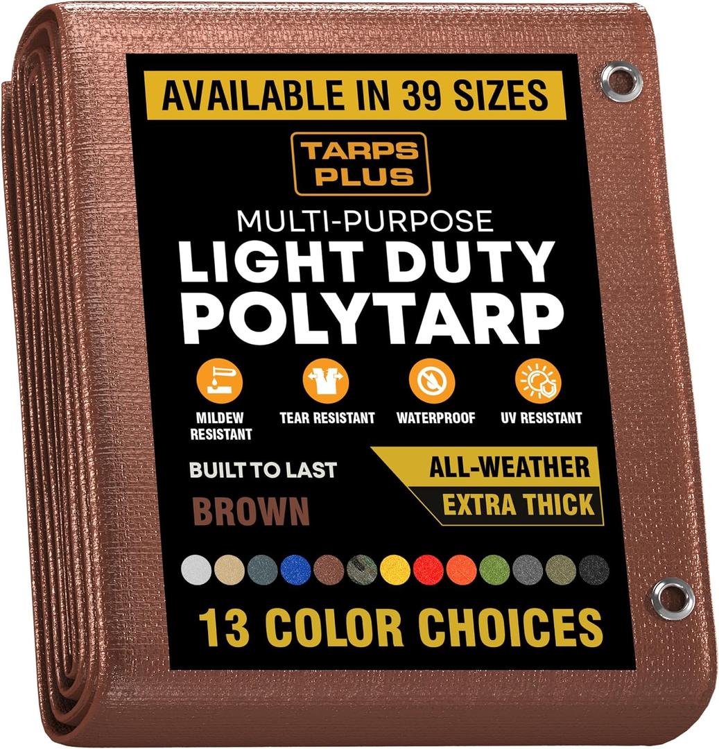 TarpsPlus Light-Duty 6 Mil Poly Tarps, Waterproof & Tear Resistant Temporary Cover, Multi-Purpose Tarp for Cars, Garden, Equipment, Camping & Outdoor Use, Brown 30' x 30'