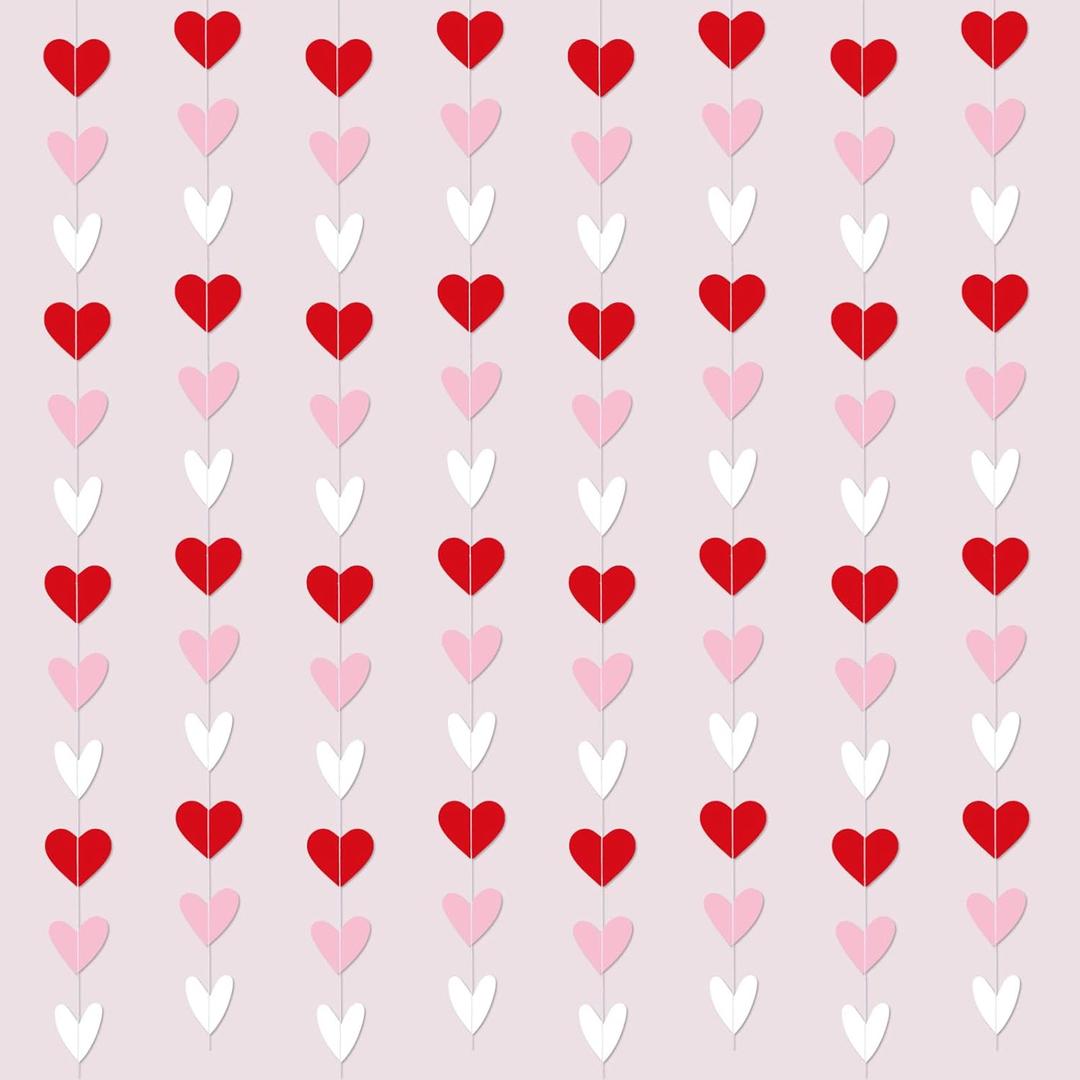 Capoda 8 Pcs Valentine's Day Garland Decorations Red Pink White Heart Garland Banners Solid Outlined Romantic Hearts Hanging Banners for Sweet Day Birthday Wedding Anniversary Party Supplies