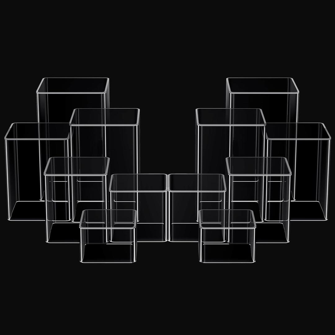 Thyle Jewelry Acrylic Risers Square Cube Display Nesting Risers Figure Stand with Hollow Bottoms Display Stand Shelf for Cosmetics Food Collectibles Perfume, 6 Sizes(Clear,24 Pcs)