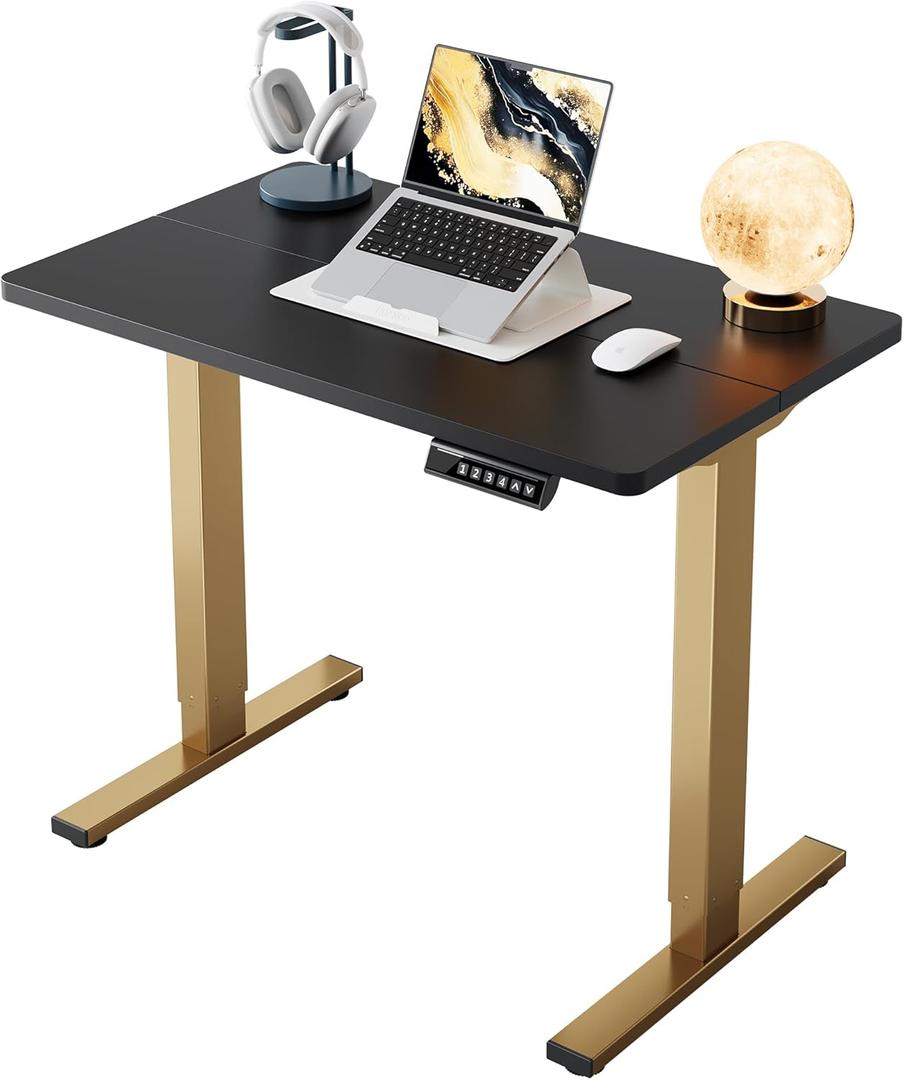 HUANUO 32" Small Electric Standing Desk Adjustable Height, 4 Memory Height Settings, Sit Stand Up Desk for Home Office & Computer Workstation, Black and Gold Frame (32" x 19")