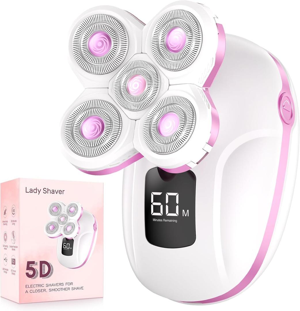 Electric Razors for Women Legs, Rechargeable Rotary Painless Shaver for Legs Bikini Facial Hair Removal, Body Wet/Dry Razor Water Resistant Grooming Kit, Cordless Womens Trimmer for Grooming, Pink