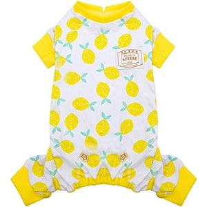 KYEESE Dog Pajamas Mesh Summer Pjs for Small Dogs Quick-Dry Cat Pajamas Lightweight Pet Costume Breathable Puppy Clothes Comfy Onesie UV-Blocking Doggie Jammies Lemon Pattern, Small