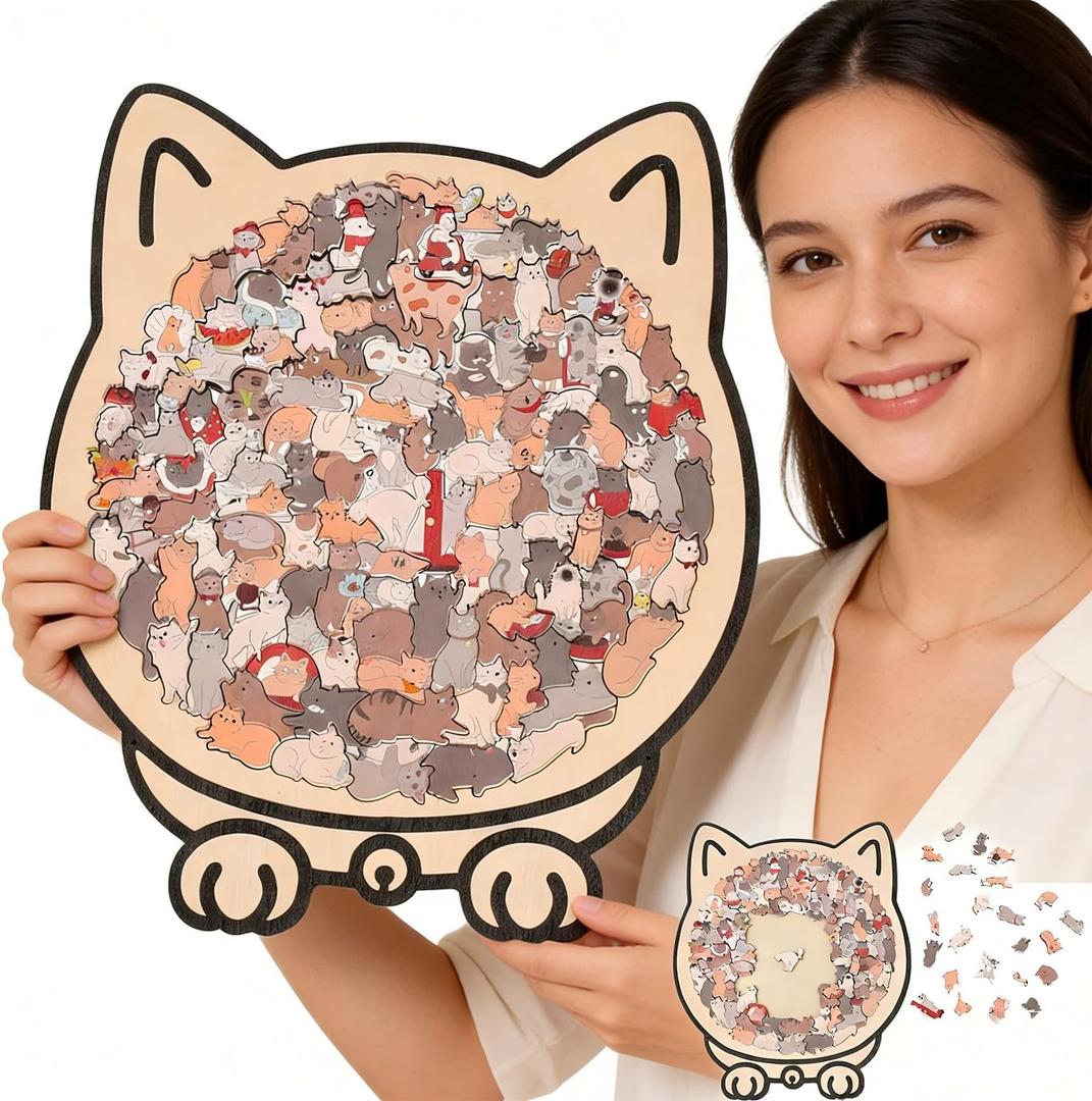 135-Piece Colored Cat Shaped Wooden Jigsaw Puzzle, Cats Shaped Wooden Puzzle, Unique Animal Shape Wood Puzzle, Creative Gifts for Cats Lovers, Educational for Family Game Night