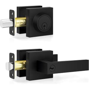 Estmoon Door Locks for Front Door, Matte Black Exterior Door Handle and Single Cylinder Deadbolt Lock, Heavy Duty Modern Square Front Door Handle and Deadbolt Set, Commercial Locks for Doors, 1 Pack