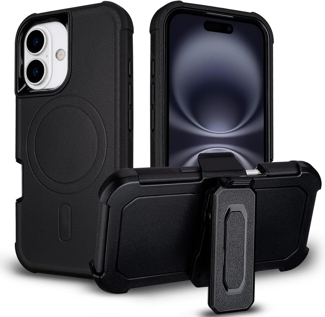 for iPhone 16 Case with Belt Clip Holster, Compatible with Magsafe, Military Grade Drop Protection, 2 Layers of Sturdy, Heavy Duty Shockproof Cover for iPhone 16 Case Rugged, Black