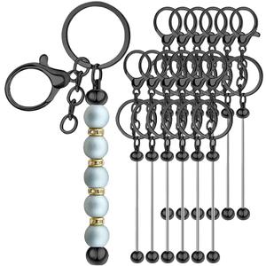 12Pcs Metal Beaded Keychains for Beads Beadable Keychain Bars Blanks Bead Keychain Bar for DIY Crafts Gift (Black)