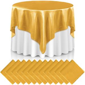 Newwiee 12 Pcs 72 Inch Satin Tablecloth Square Overlay Smooth Fabric Tablecloth Satin Table Cover Fabric Decoration Dining Cloths for Party Wedding Banquet Table Decoration(Gold)