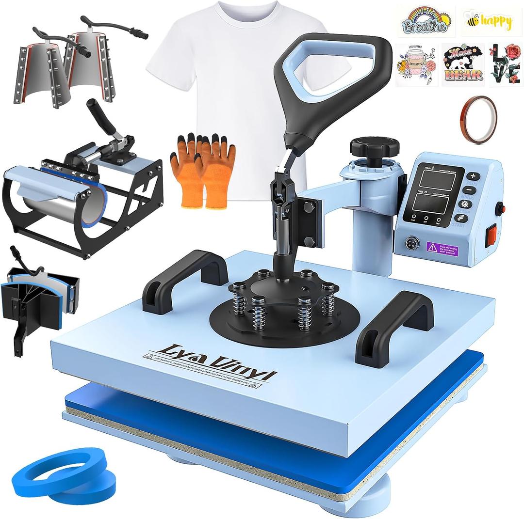15x15 Heat Press Machine - Lya Vinyl 7 in 1 Heat Press 360-Degree Swing Away Digital Press Machine Multifunction Sublimation Combo Heat Transfer Machine for T-Shirts, Hats, Caps, Mugs and Plates