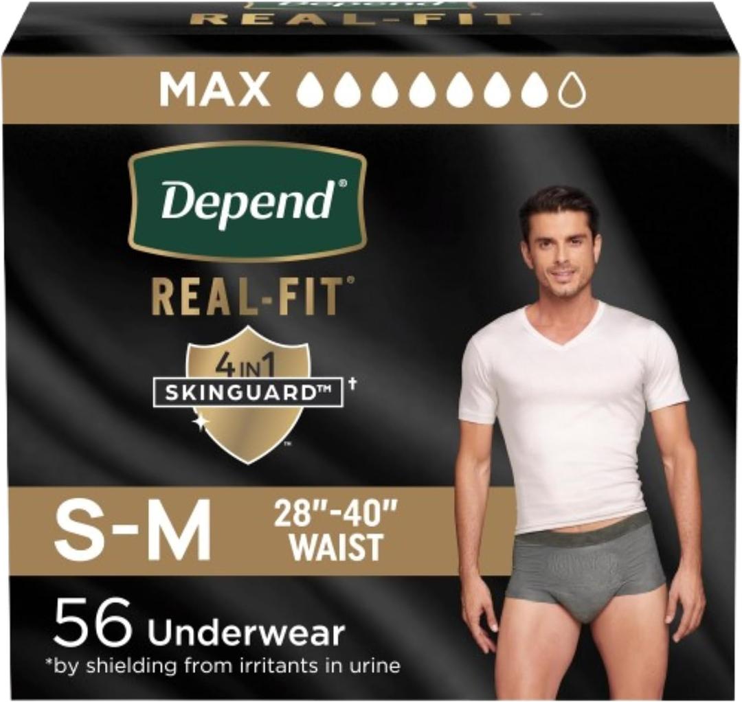 Depend Real Fit Adult Diapers, Incontinence Underwear for Men, Disposable, Maximum Absorbency, Small/Medium, Grey, 56 Count (2 Packs of 28), (Gray)