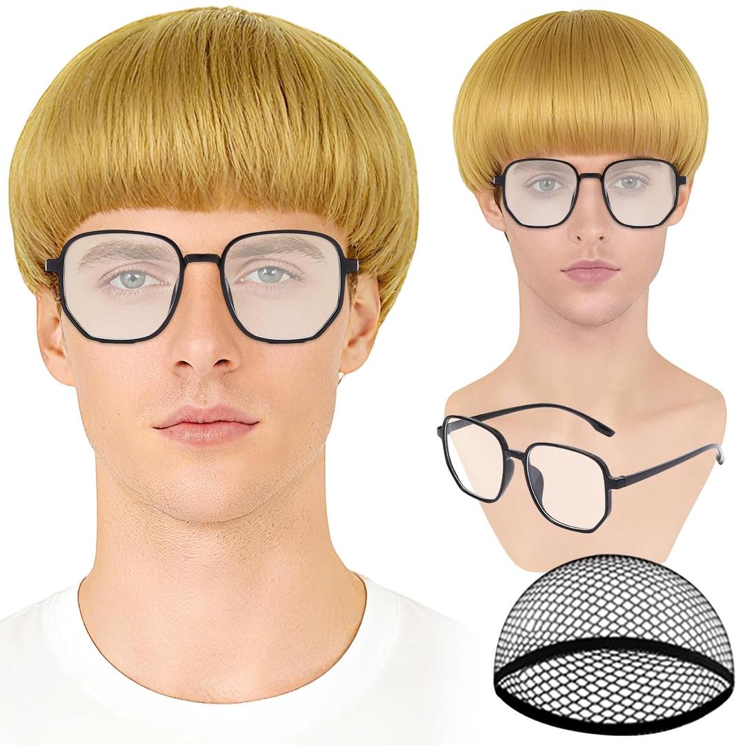 PLULON Blonde Mushroom Wig Bowl Cut Hair with Glasses for Men Women, Halloween Costume Cosplay Mushroom Wigs with Bangs 60s 70s Funny Hair for Fancy Dress Bachelor Christmas Party Supplies
