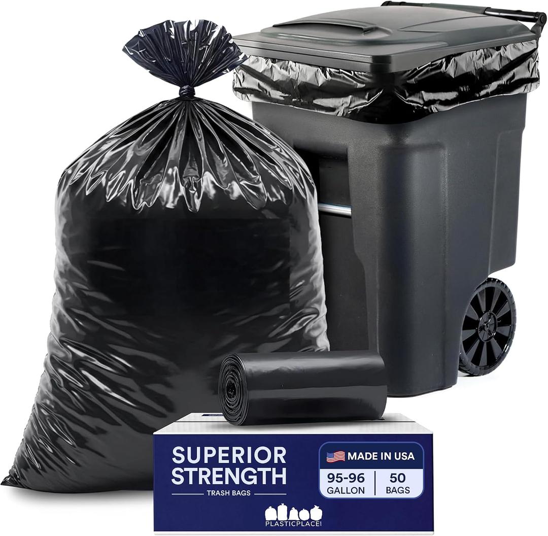 Plasticplace 95-96 Gallon Heavy Duty Trash Bags, Garbage Bags, Puncture-Resistant, Fits Rollaway Cans & Drums, Durable Large Plastic Bags (50 Count)