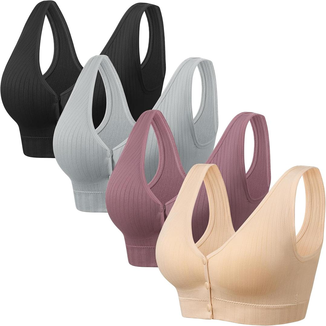 Angelhood Front Close Wireless Bras for Women, Smoothing Padded Bralette, Comfortable Snap Closing Bras, 4 Pack (XX-Large, Charcoal Black/Nude Beige/Gainsboro Gray/Mauve Purple)