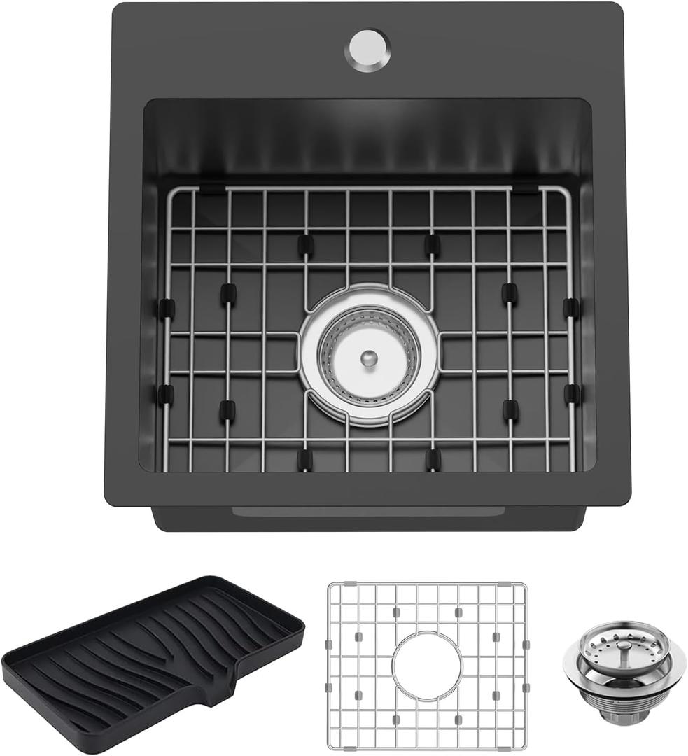 Small Black Kitchen Sink,15x15 Inch Stainless Steel Drop In Topmount Kitchen And Bar Sink Ideal Choice For For Small Space, Prep Area, RV With Bottom Grid,Soap Mat And Drain Assembly, 15x15x9 Inches