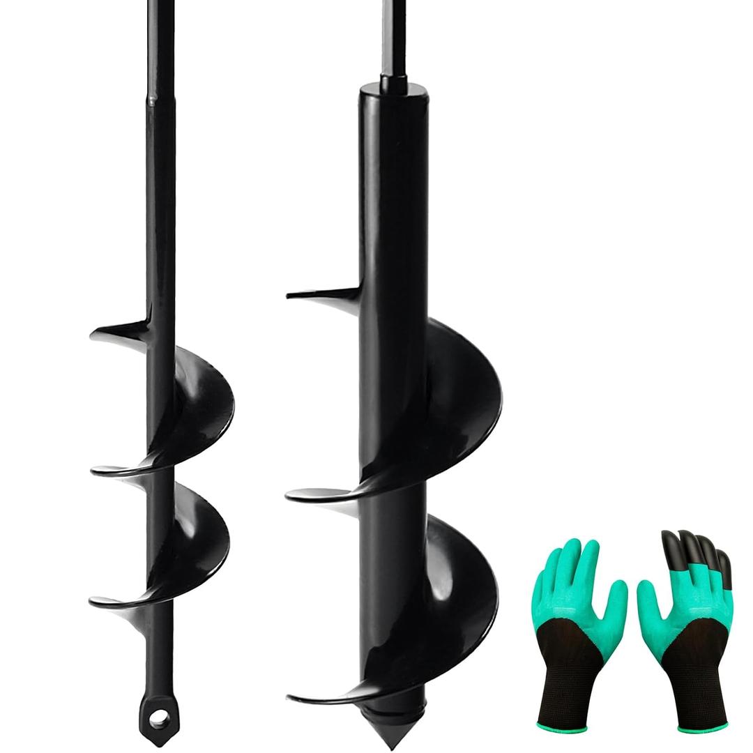2 Pack Garden Auger Spiral Drill Bit Set - 3 x 12 Inch & 1.6 x 9 Inch with Garden Gloves, Planting Bulb, Bedding Plants, Digging Weeds Roots, Post Umbrella Hole Digger for 3/8" Hex Drive Drill