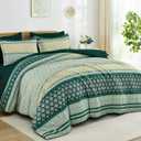 Drucon Boho Queen Comforter Set - 7 Pieces Green Bohemian Striped Comforter Bed in a Bag, Soft Microfiber Bedding Set for All Season