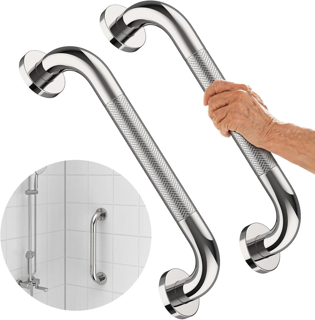 2 Pack Chrome Grab Bar 12 Inch, iMomwee Stainless Steel NonSlip Shower Grab Bar W/Knurled Grip, Safety Bathroom Handrail, Balance Support Bar Toilet Bathtub Assist Handle for Elderly Senior Disabled