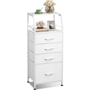 WLIVE Tall Nightstand with 4 Fabric Drawers & Open Shelf, White Bedside Table for Bedroom, Modern Tall Dresser
