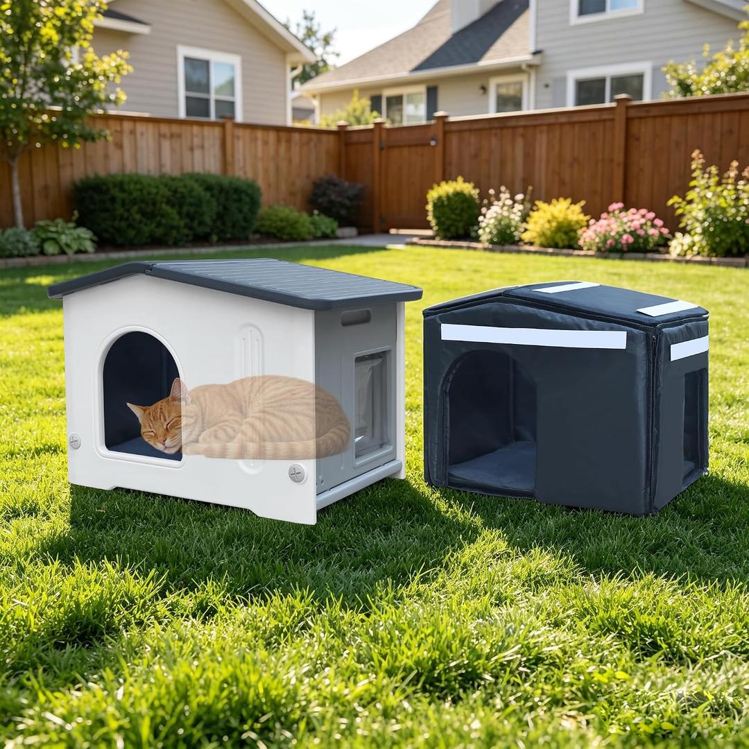 Plastic 100% Insulated Outdoor Indoor Cat House for Winter, Outdoor Cat Houses with Insulated Liner, Waterproof Outside Cat Shelter, Assemble Easily-Grey