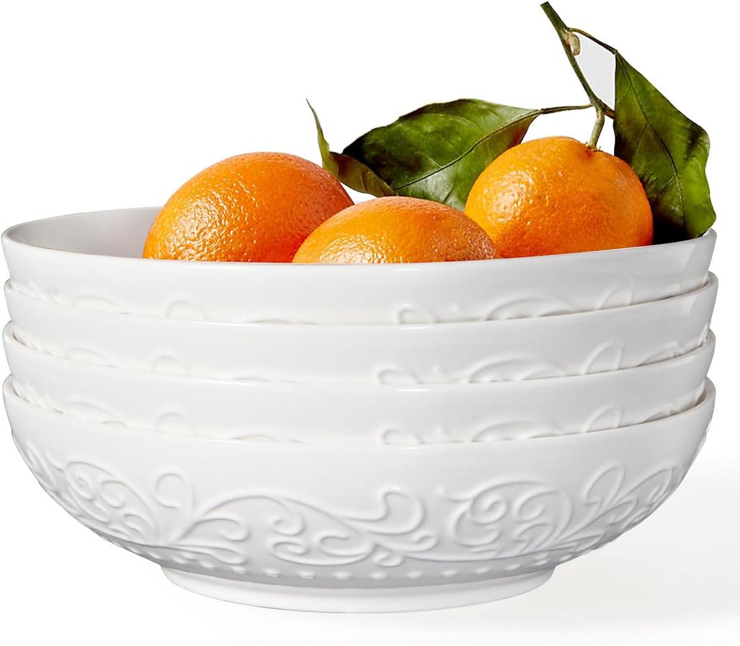 Artena Pasta Bowls 32oz, Ceramic Large Salad Bowls 8 inch, White Embossed Soup Bowl Set of 4 for Serving, Entertaining, Dinner Spaghetti, Wide Shallow, Microwave Dishwasher Oven Safe (Embossed Flower)